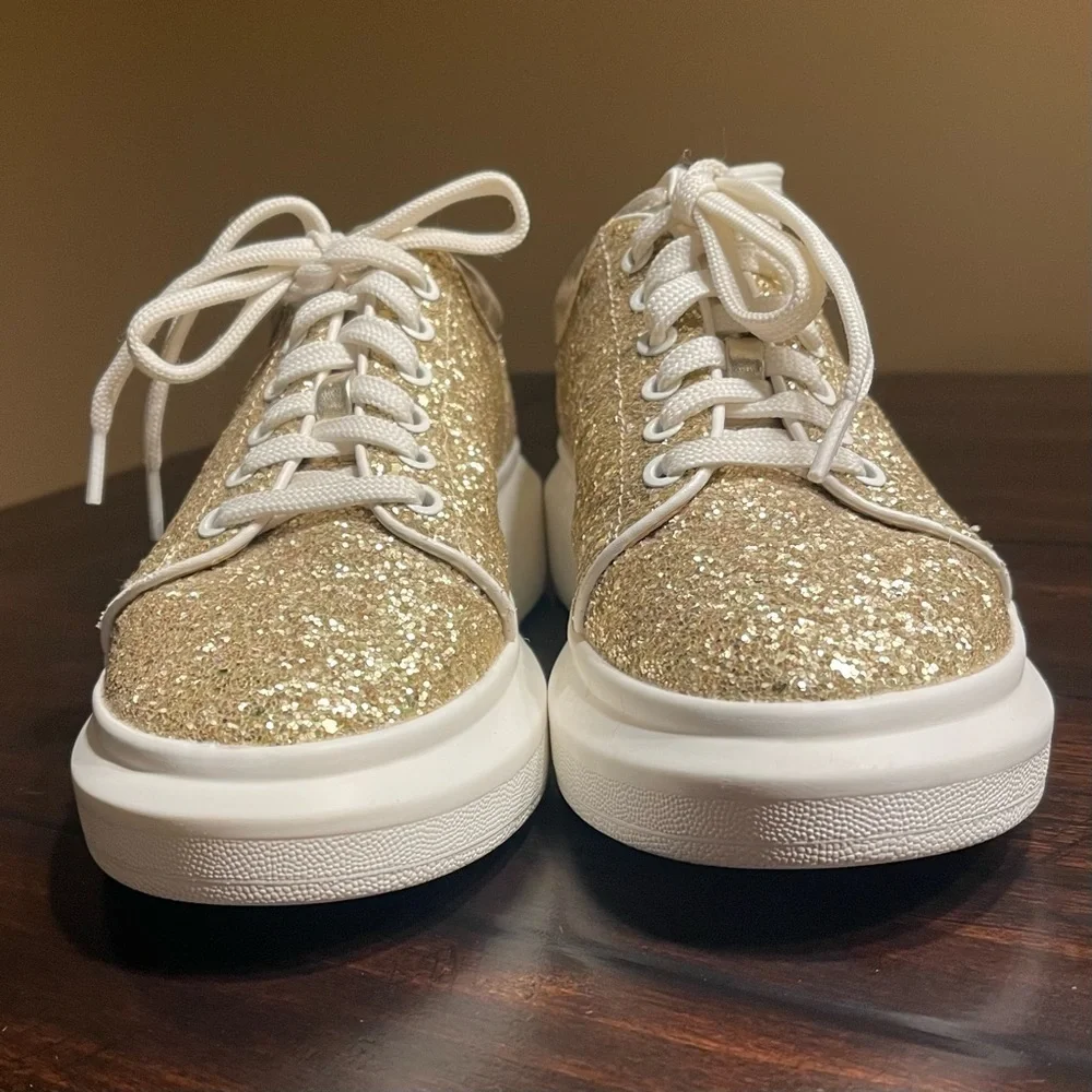 Línea Paola Kelsey Playful Lace-Up Platform Tennis Shoes PU Gold Glitter - Picture 11 of 16